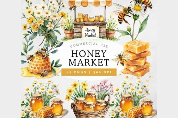 Honey Market Watercolor Clipart Bundle Gráfico Gráficos IA Por Whimsy and Blossoms