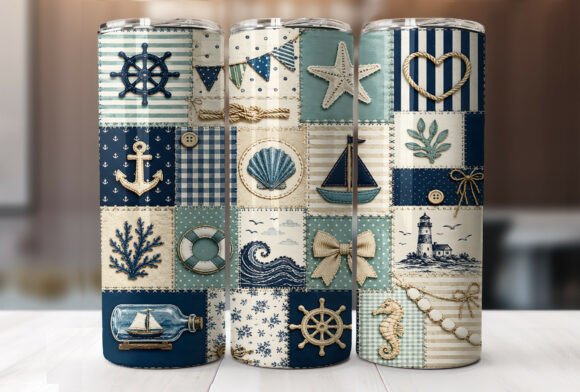 Nautical Patchwork Beach Tumbler Wrap Graphic Tumbler Wraps By Begum Creation