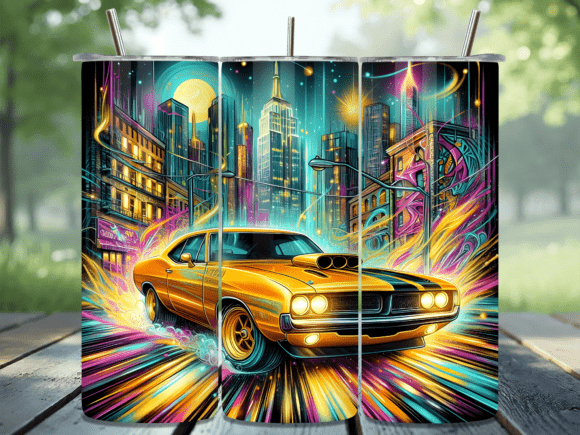 Neon City Street Muscle Car Tumbler Wrap
