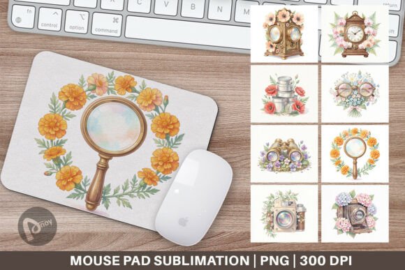 Vintage Camera Floral Mouse Pad PNG