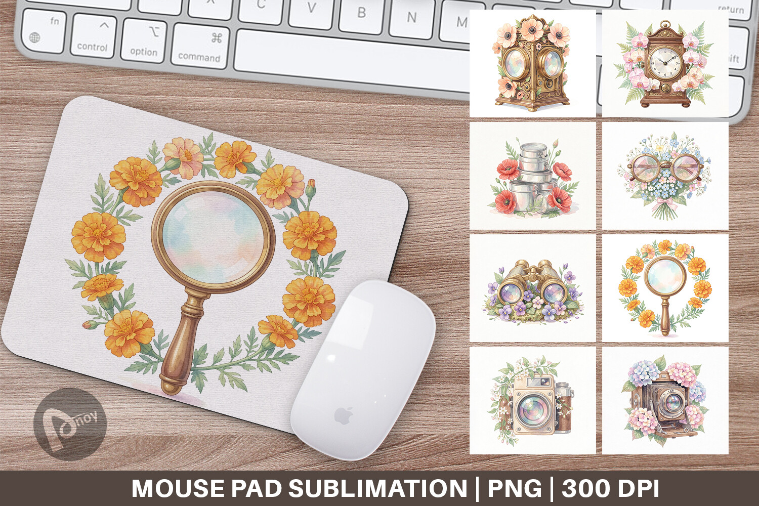 Vintage Camera Floral Mouse Pad PNG