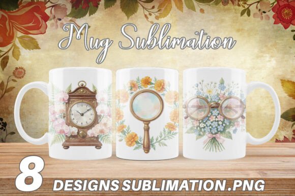 Vintage Camera & Floral Mug Wrap PNG