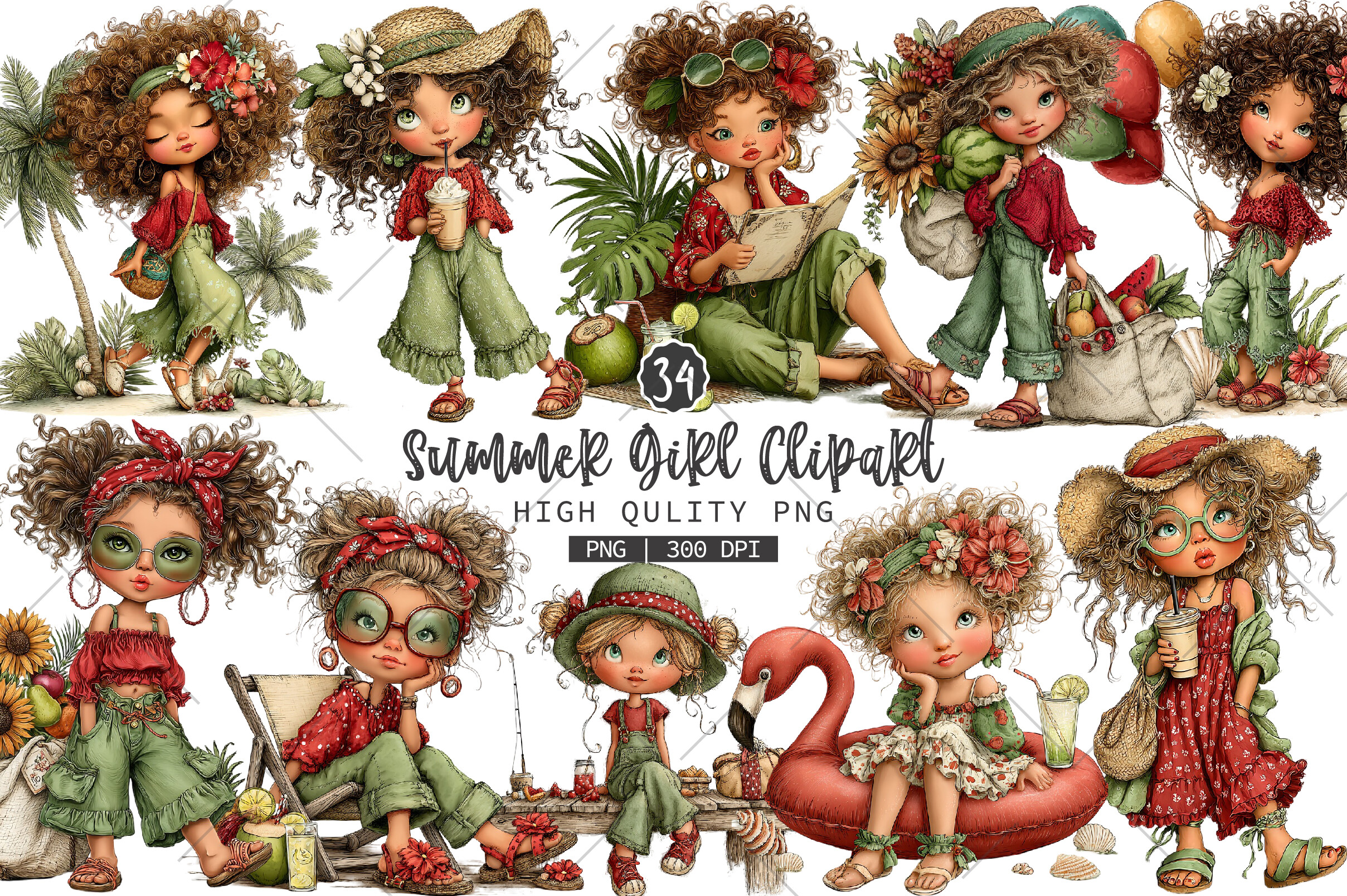 Whimsical Summer Girl PNG Clipart Bundle Graphic by RevolutionCraft ...