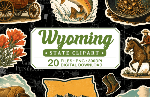 Wyoming Vintage Travel Clipart Graphic Illustrations By digitalplannerland