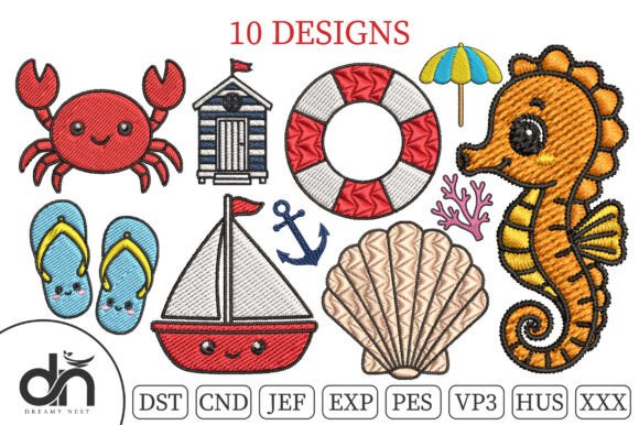 10 Cute Mini Beach & Sea Embroidery Pack