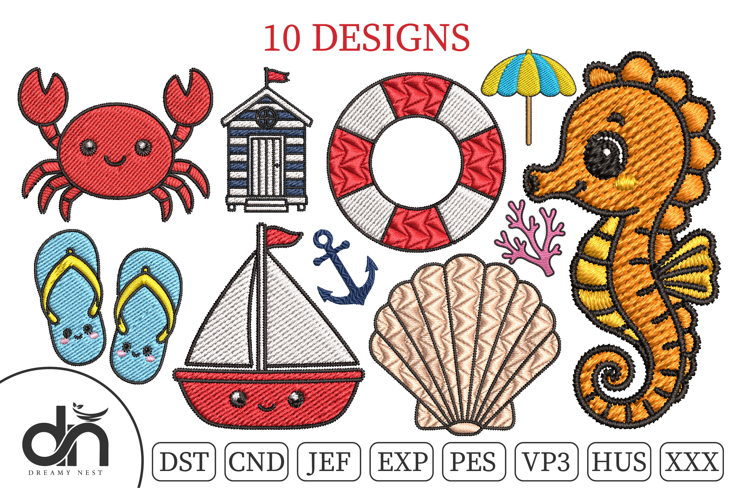 10 Cute Mini Beach & Sea Embroidery Pack