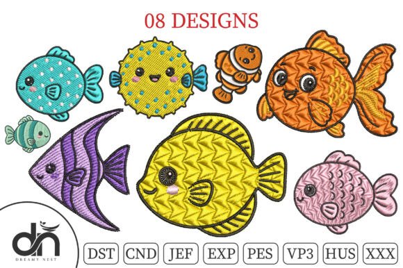 8 Cute Mini Fish Embroidery Bundle