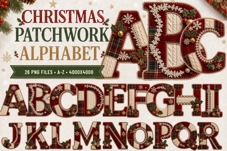 Christmas Patchwork Alphabet PNG, Plaid Graphic by Tanya Kart ...