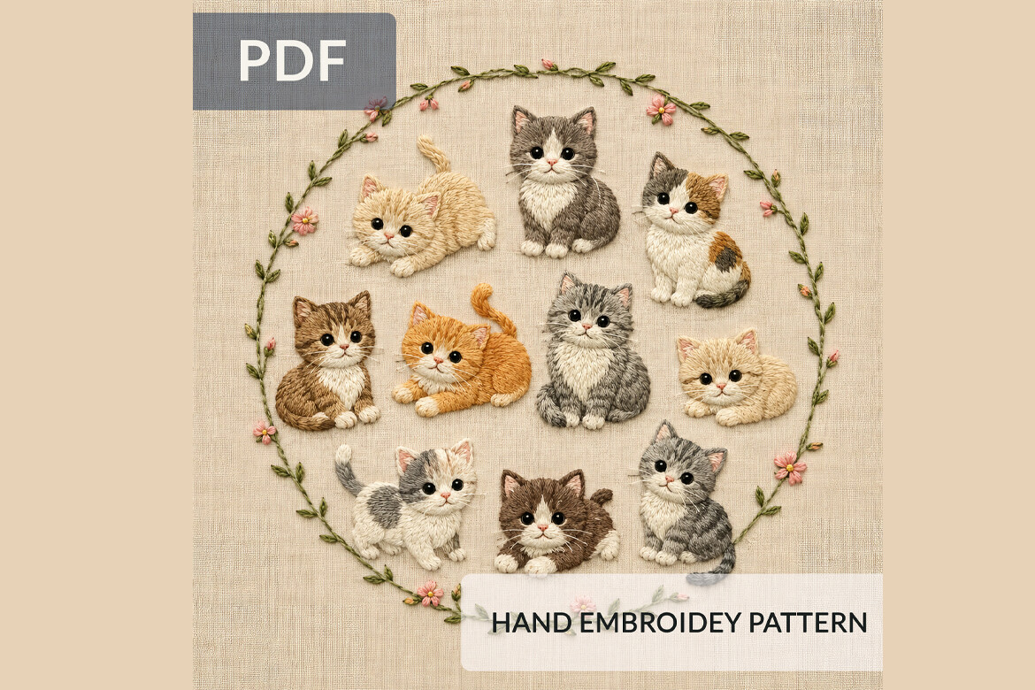 Cute Kitten Embroidery Pattern PDF, Roun