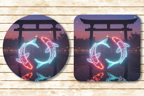Neon Glowing Koi Fish . Coaster Design