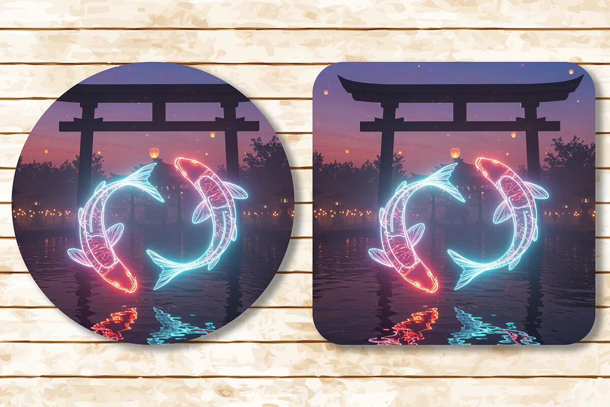 Neon Glowing Koi Fish . Coaster Design