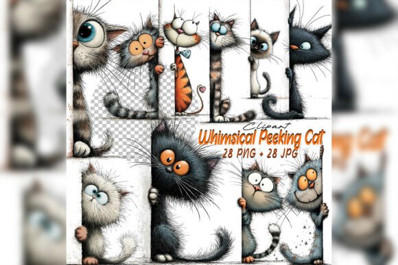 Whimsical Quirky Peeking Cat Clipart Set Graphic Illustrations By One-touch