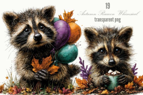 Autumn Raccoon Whimsical Clipart Grafik Druckbare Illustrationen Von king store