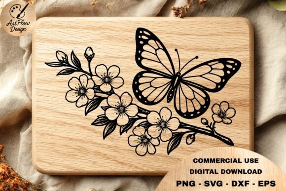 Butterfly Floral Branch SVG Graphic Laser Engraving By ArtFlowCODesign