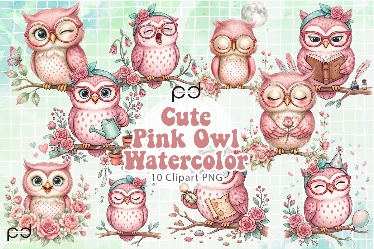 Cute Pink Owl Watercolor Graphics Graphic by Padma.Design · Creative ...