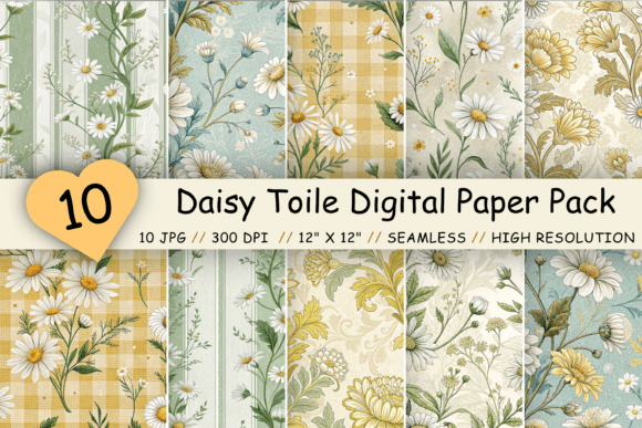 Daisy Toile Digital Paper Pack, Vintage Illustration Modèles de Papier Par Florid Printables