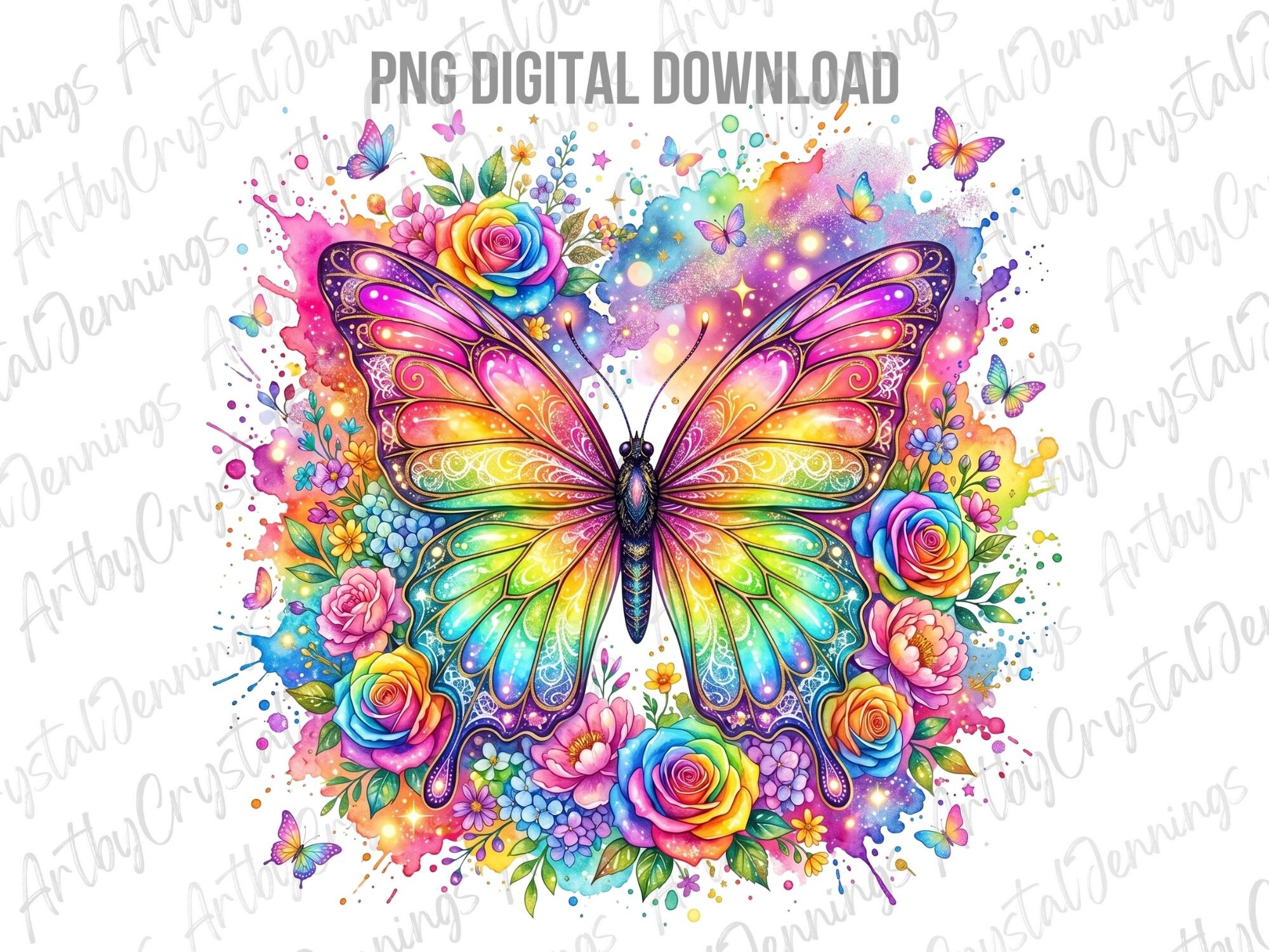 Rainbow Butterfly Floral Watercolor PNG Graphic by ArtbyCrystalJennings ...