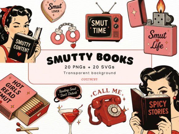 Smutty Books Cliparts, Retro Bookish PNG Graphic Illustrations By CozyNest Studio