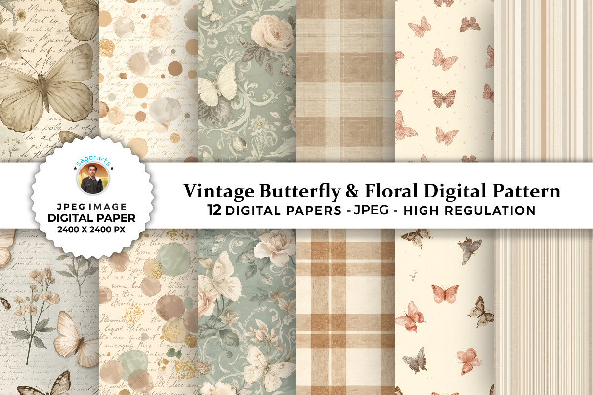 Vintage Butterfly & Floral Digital Paper Graphic by sagorarts ...