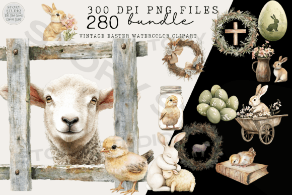 Vintage Easter Watercolor Clipart Bundle Graphic AI Transparent PNGs By Story Studio