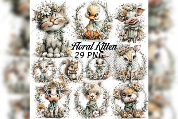 Whimsical Floral Kitten Clipart Set Grafik KI Illustrationen Von One-touch