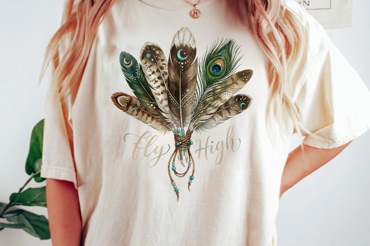 Boho Feathers Fly High Celestial Moon