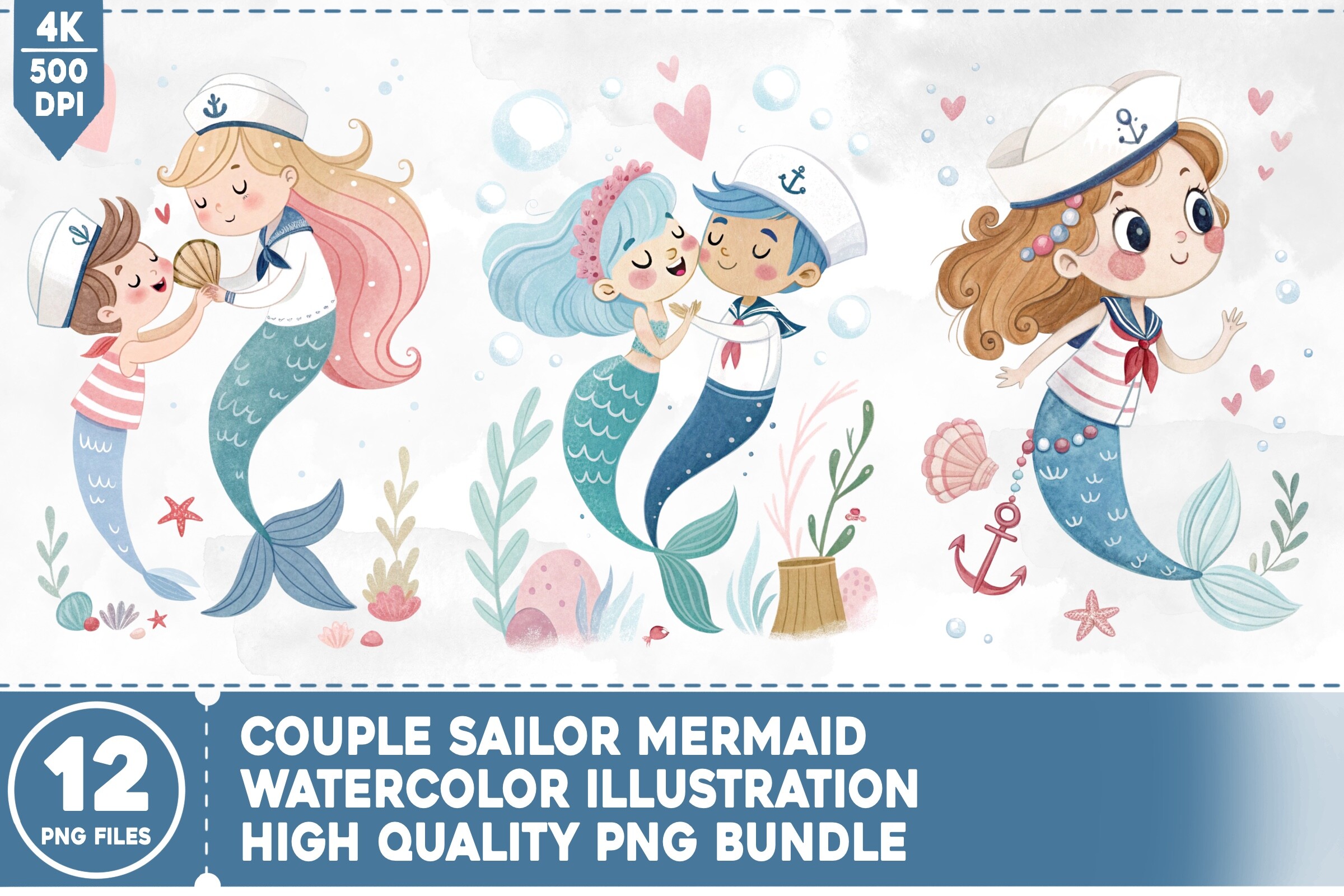 Couple Sailor Mermaid Watercolor Bundle Graphic by Hega Prakosa ...