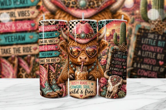 Cowgirl Highland Cow Tumbler Wrap PNG
