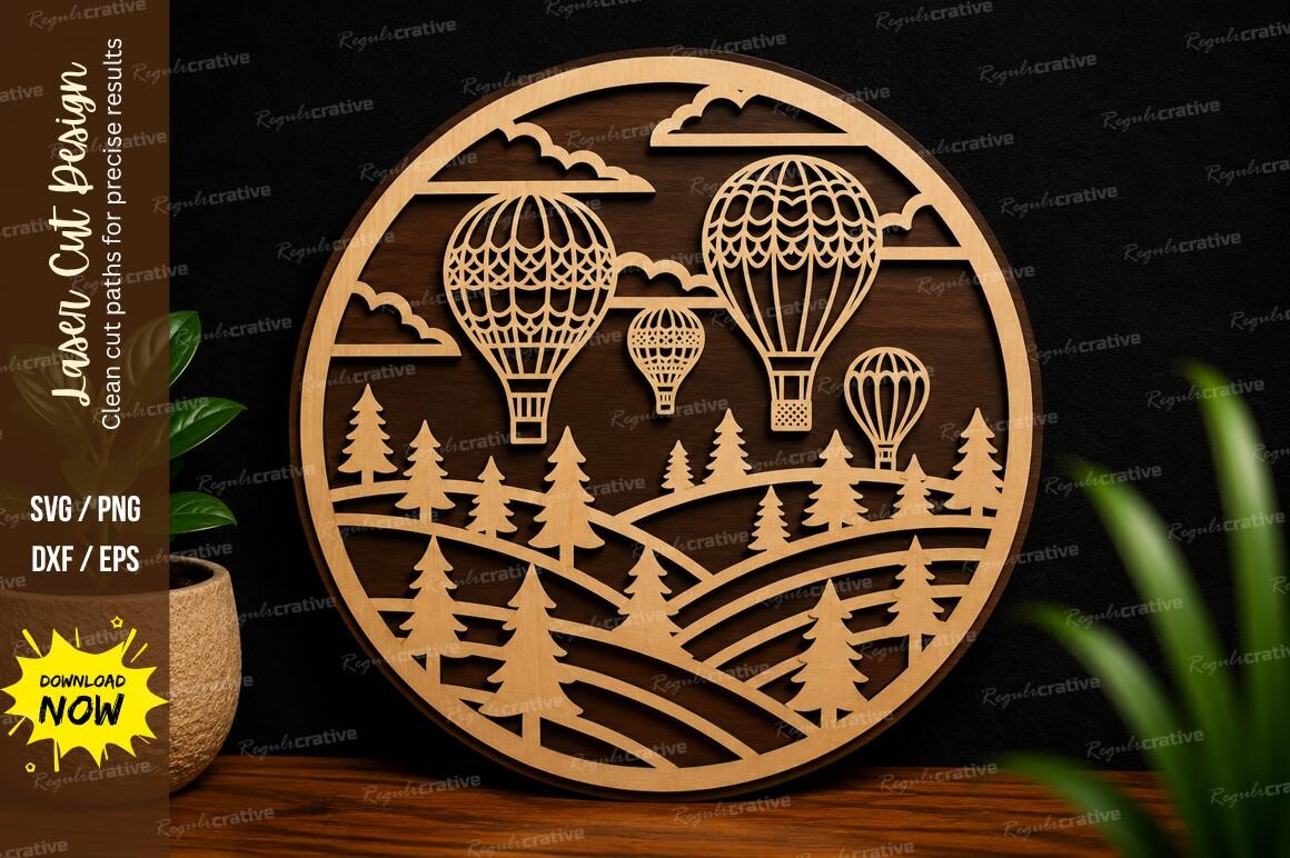 Hot Air Balloon Landscape SVG Laser Cut · Creative Fabrica
