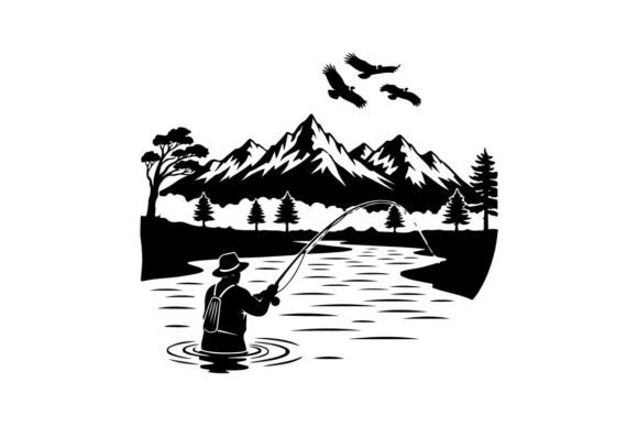 Man Fishing in Mountain Lake with Birds Gráfico Ilustrações para Impressão Por sctchcreations