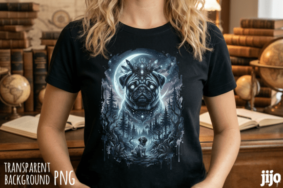 Pug Mystical Forest Moon PNG sublimation design for boho pet shirts and tumblers