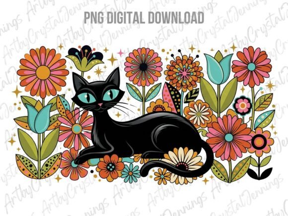 Retro 70s Black Cat Floral Pet PNG
