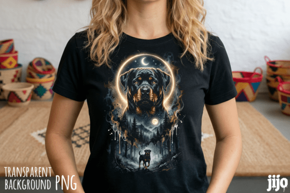 Rottweiler with forest and moon background PNG for outdoor dog dad apparel design