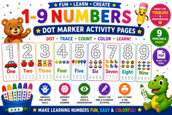 1–9 Numbers Dot Marker Pages for Kids