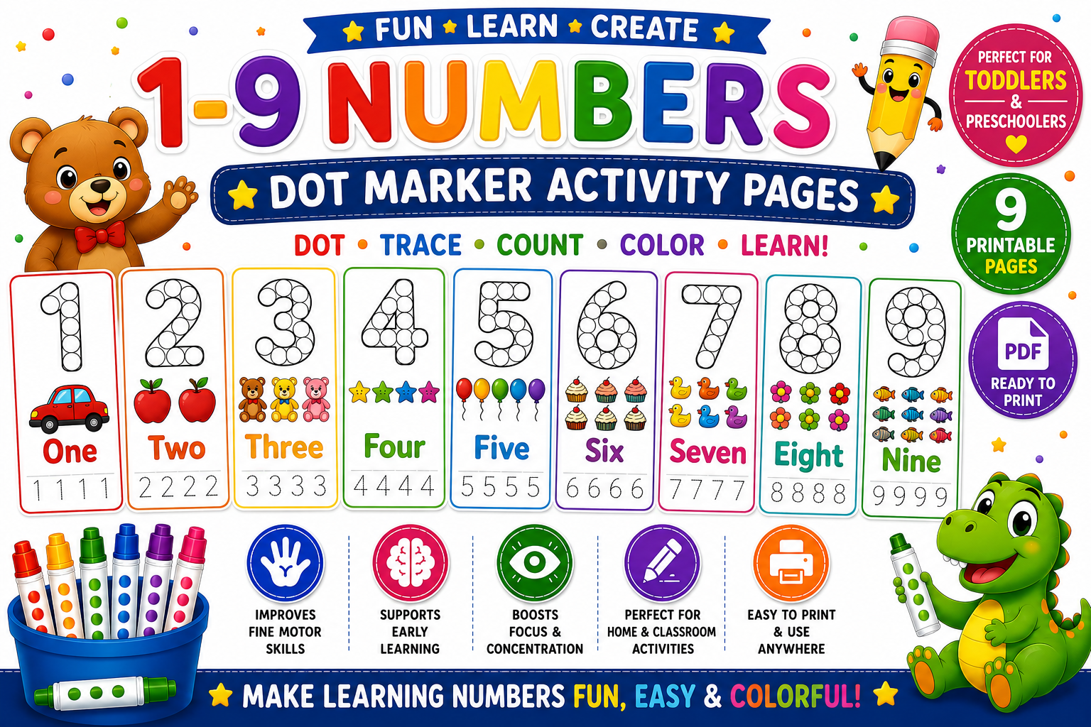 1–9 Numbers Dot Marker Pages for Kids