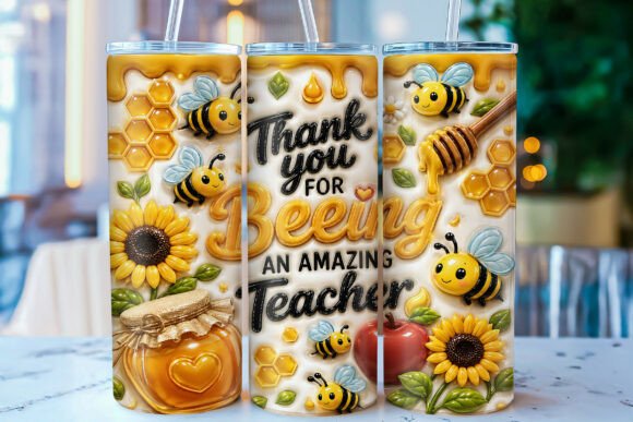 3D Inflated Bee Teacher Tumbler Wrap PNG