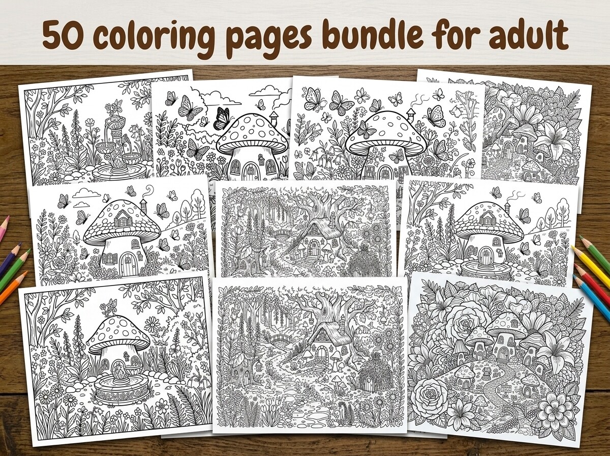50 Fairy Flowers and Mushrooms Coloring