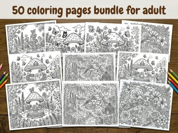 Preview of 50 Fairy Flowers and Mushrooms Coloring coloring pages for adults