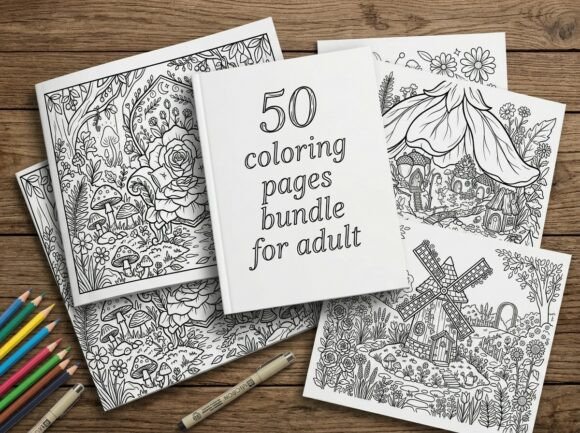 Preview of 50 Fairy Garden Flowers and Mushrooms coloring pages for adults
