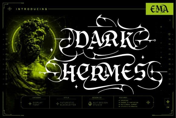 Preview specimen of Dark Hermes blackletter font