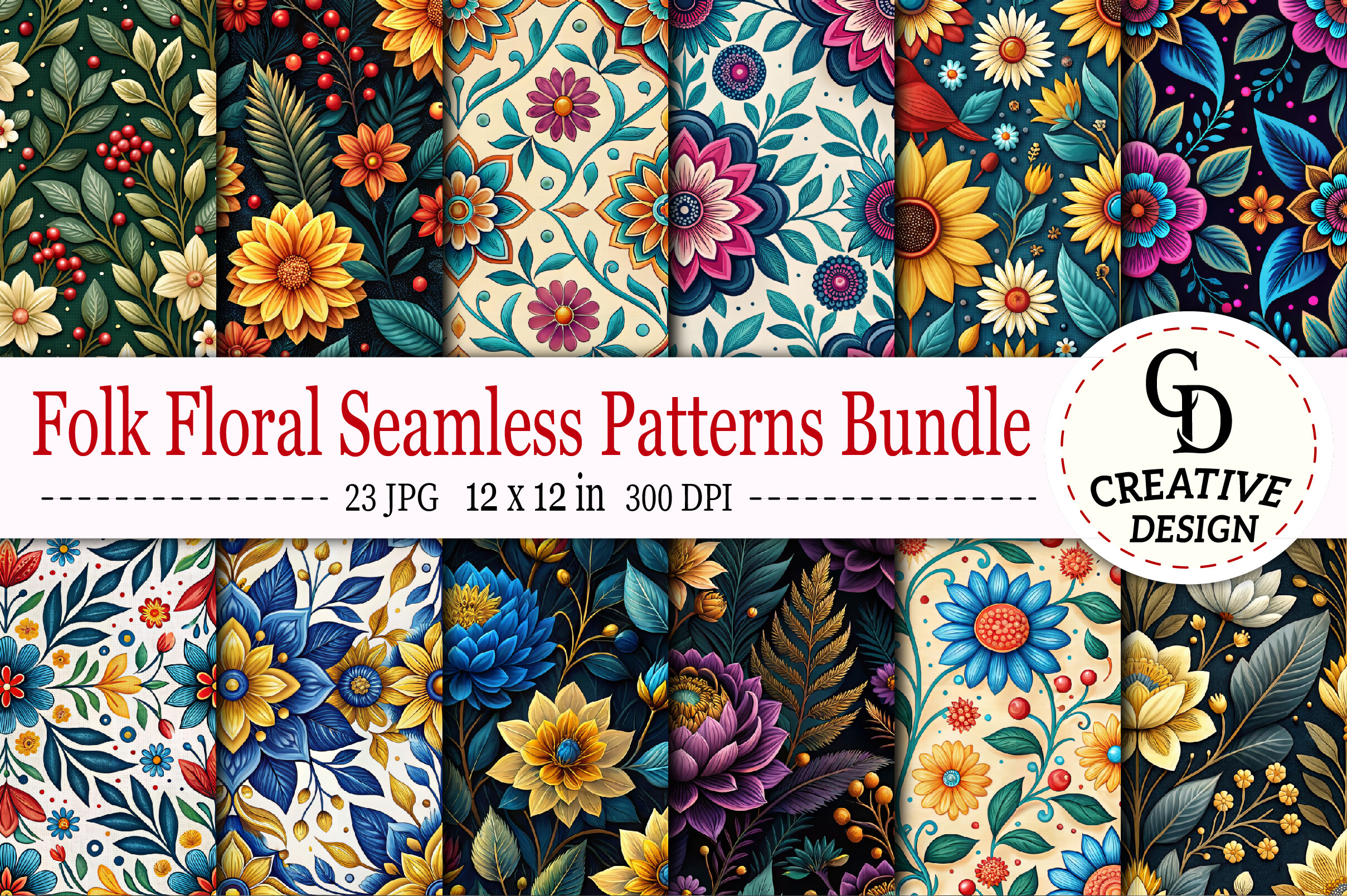 Folk Floral Seamless Patterns Bundle Graphic by Creative Design ...