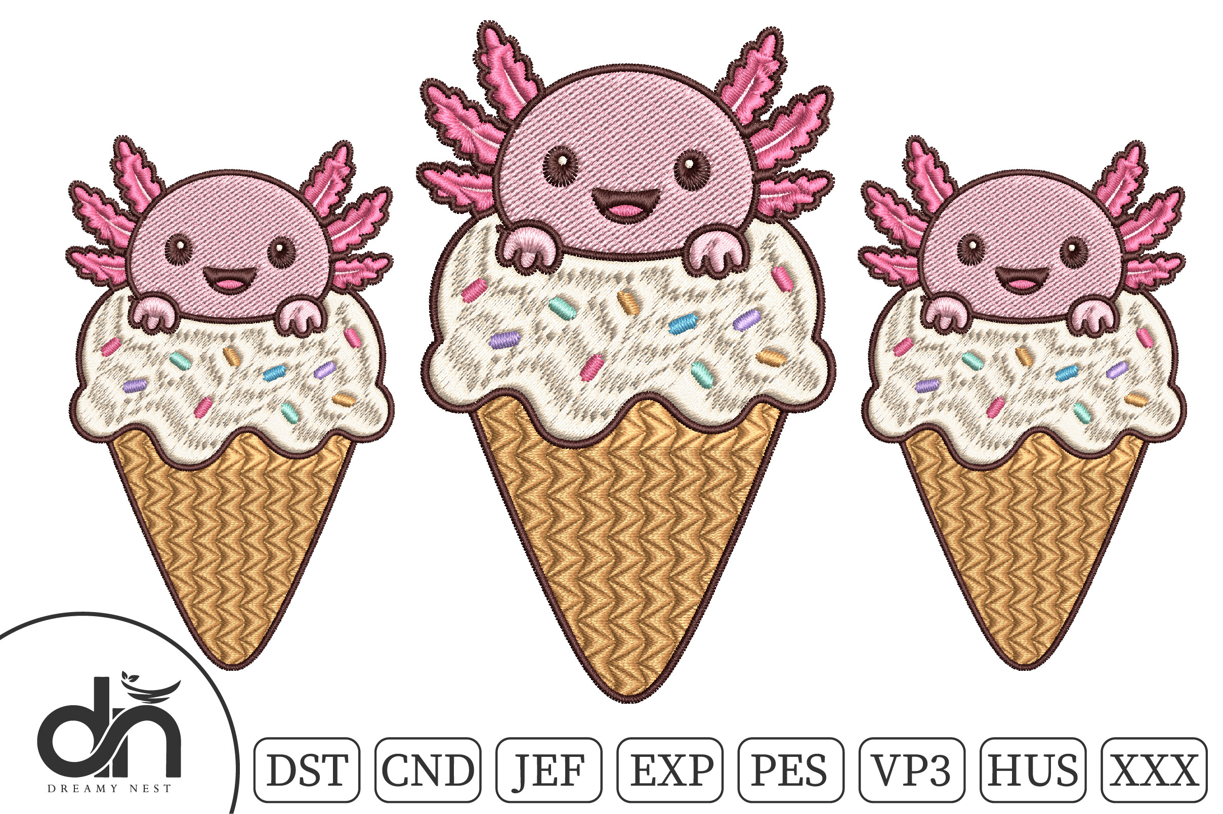 Kawaii Axolotl Ice Cream Embroidery