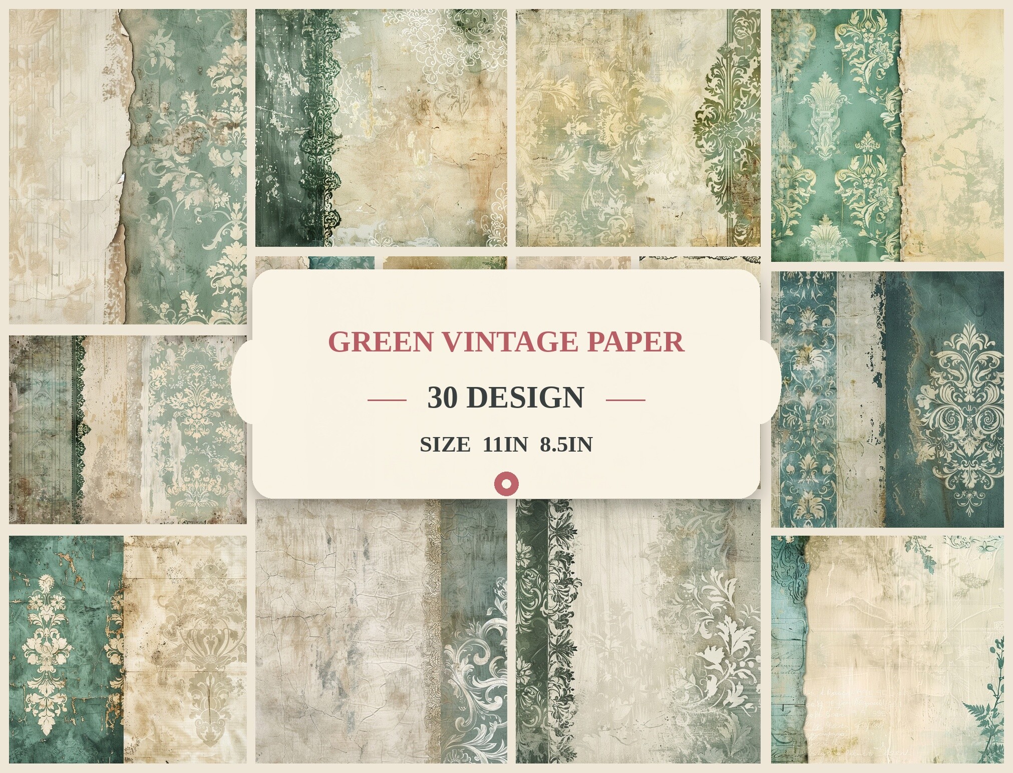 Vintage Green Damask Grunge Paper Graphic by Artistry Haven · Creative ...