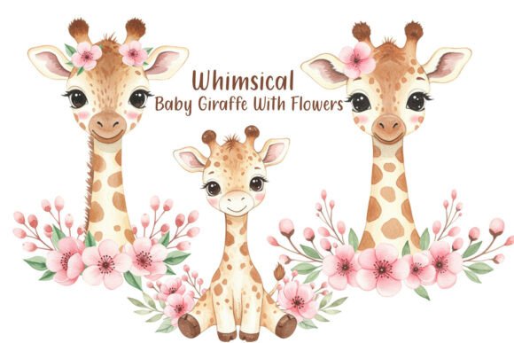 Whimsical Baby Giraffe with Flowers watercolor nursery print