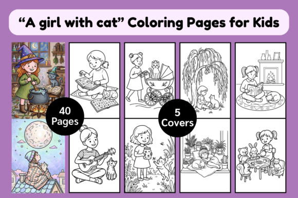 40 Cute Girl and Cat Coloring Pages