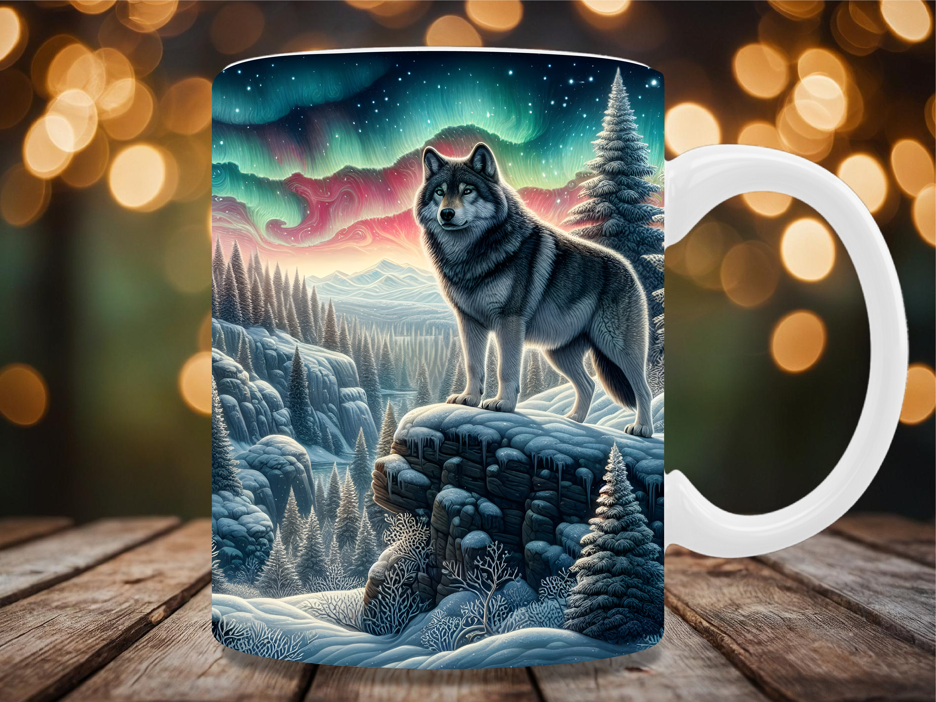 Aurora Borealis Winter Wolf Art Mug Wrap