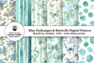 Blue Hydrangea & Butterfly Digital Paper Graphic by sagorarts ...