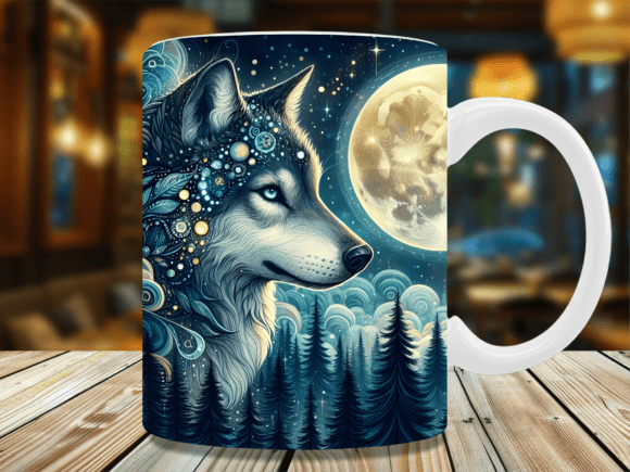 Celestial Full Moon Mystic Wolf Mug Wrap Graphics