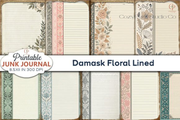 Damask Floral Lined Junk Journal Pages Grafik Hintegründe Von CozyPrint Studio Co