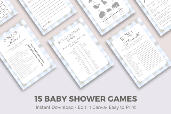 Gingham Blue Baby Shower Games Bundle